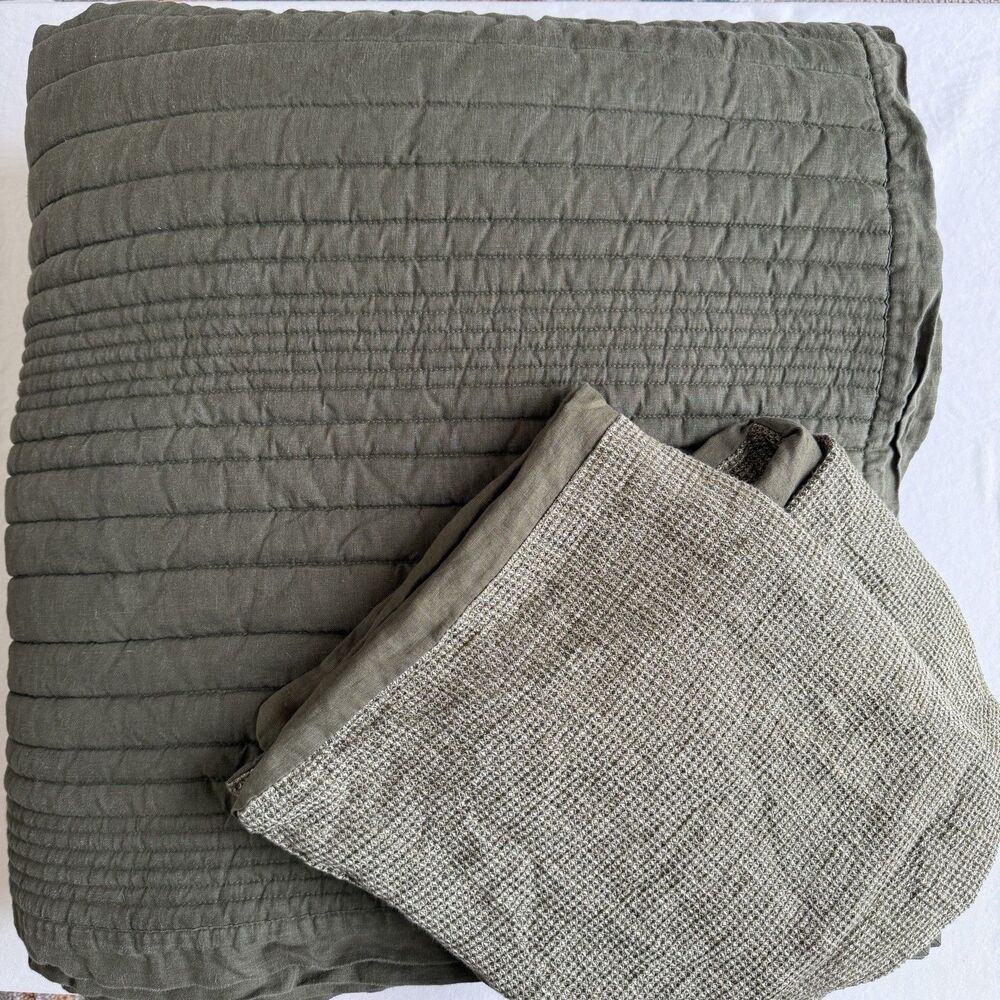West Elm European Flax Linen Linework Quilt King Size w/2 Euro Shams Olive Green